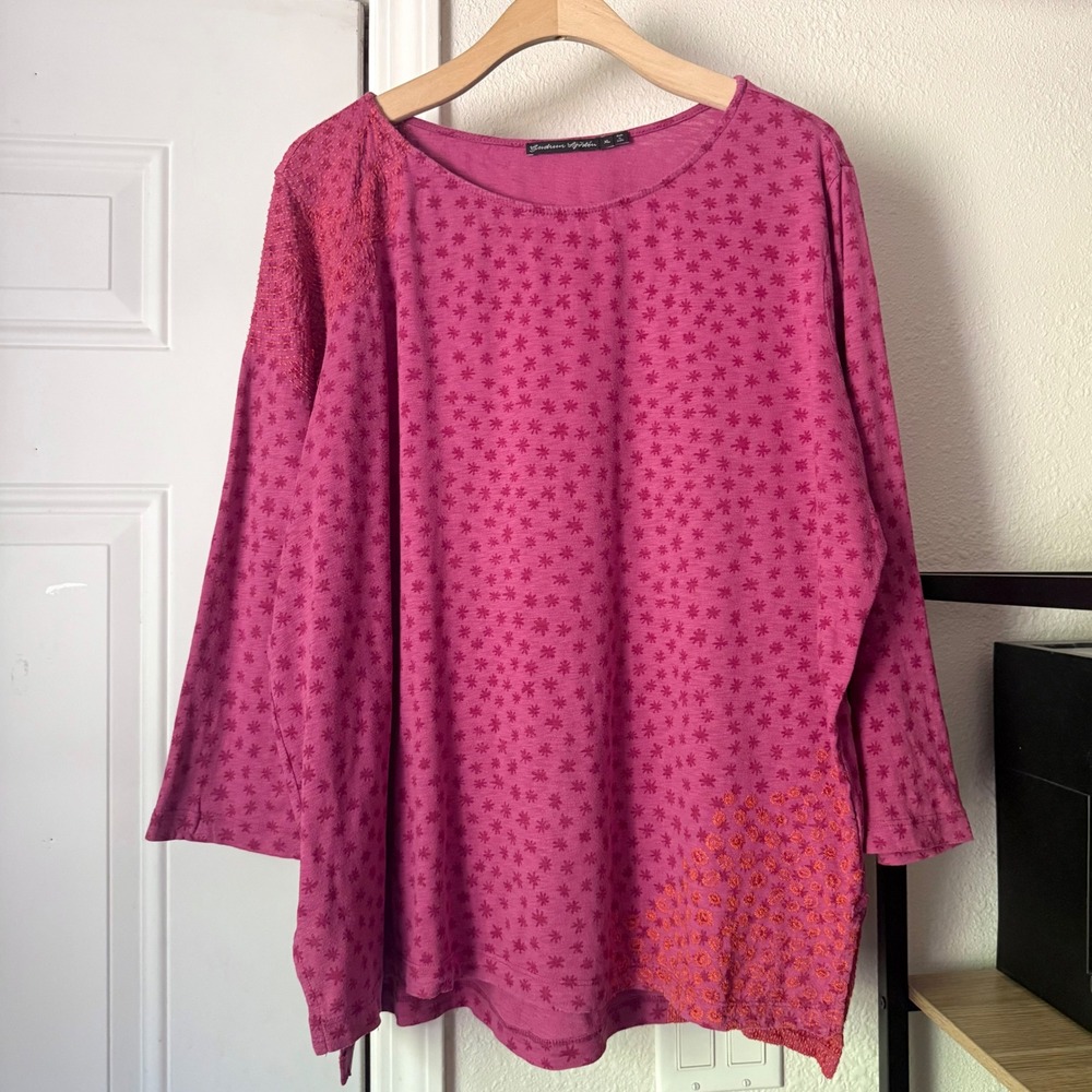 GUDRUN SJODEN magenta pink embroidered cotton lagenlook boat neck top cropped